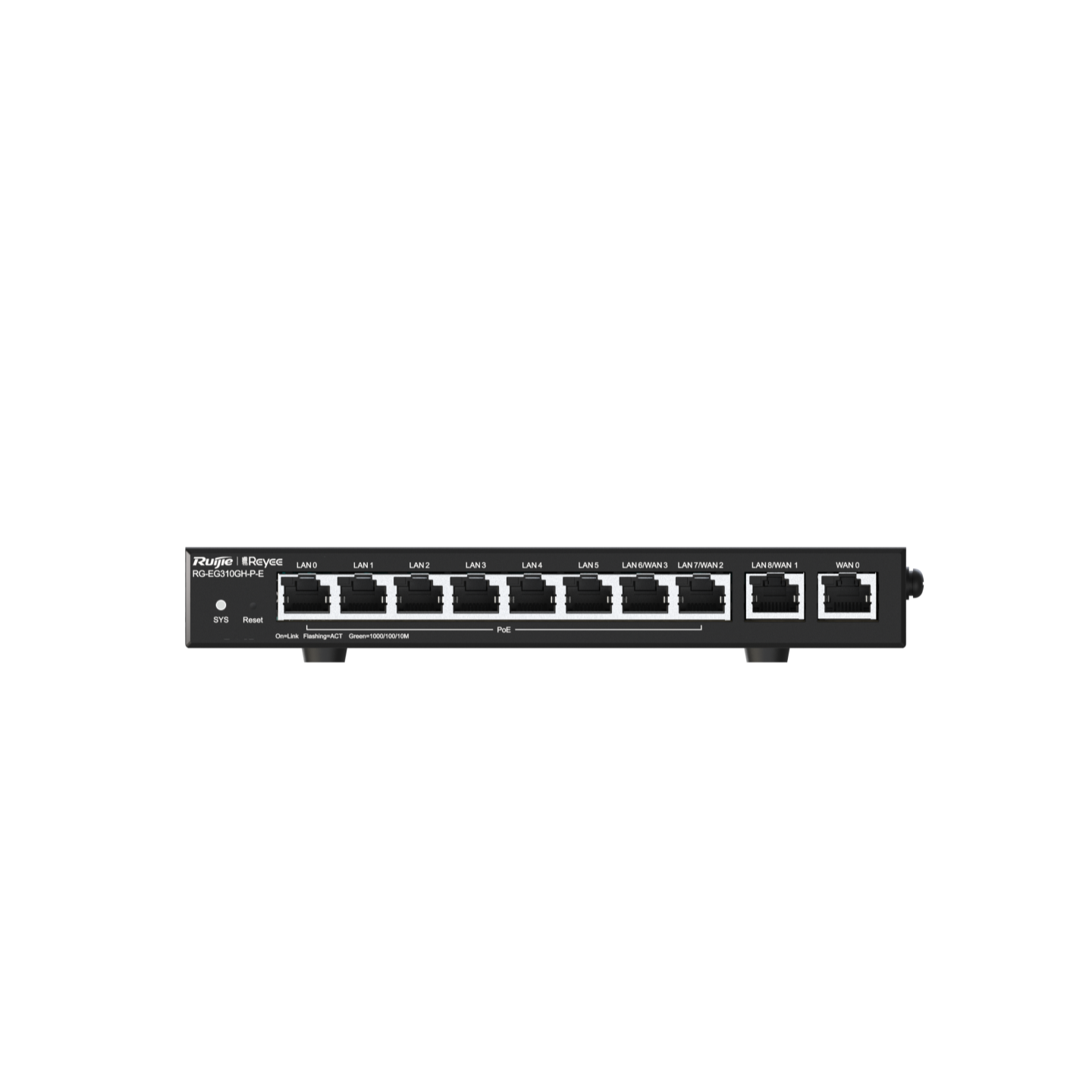 Маршрутизатор Ruijie Reyee Desktop 10-port full gigabit router, providing one WAN port, six LAN ports, and three LAN/WAN ports; supporting eight PoE/PoE+ interfaces and maximum 110 W PoE power; recommended concurrency of