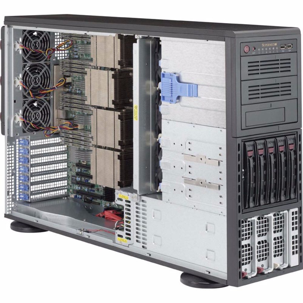 Supermicro SuperServer 4U 8048B-TR4F no CPU(4) E7-8800v3/v4,E7-4800v3/v4 no memory(32)/ on board RAID 0/1/5/10/ HDD(5)LFF/ 2xGE/ 4x PCI-E/ 2x1400W/ Backplane 5xSATA/SAS