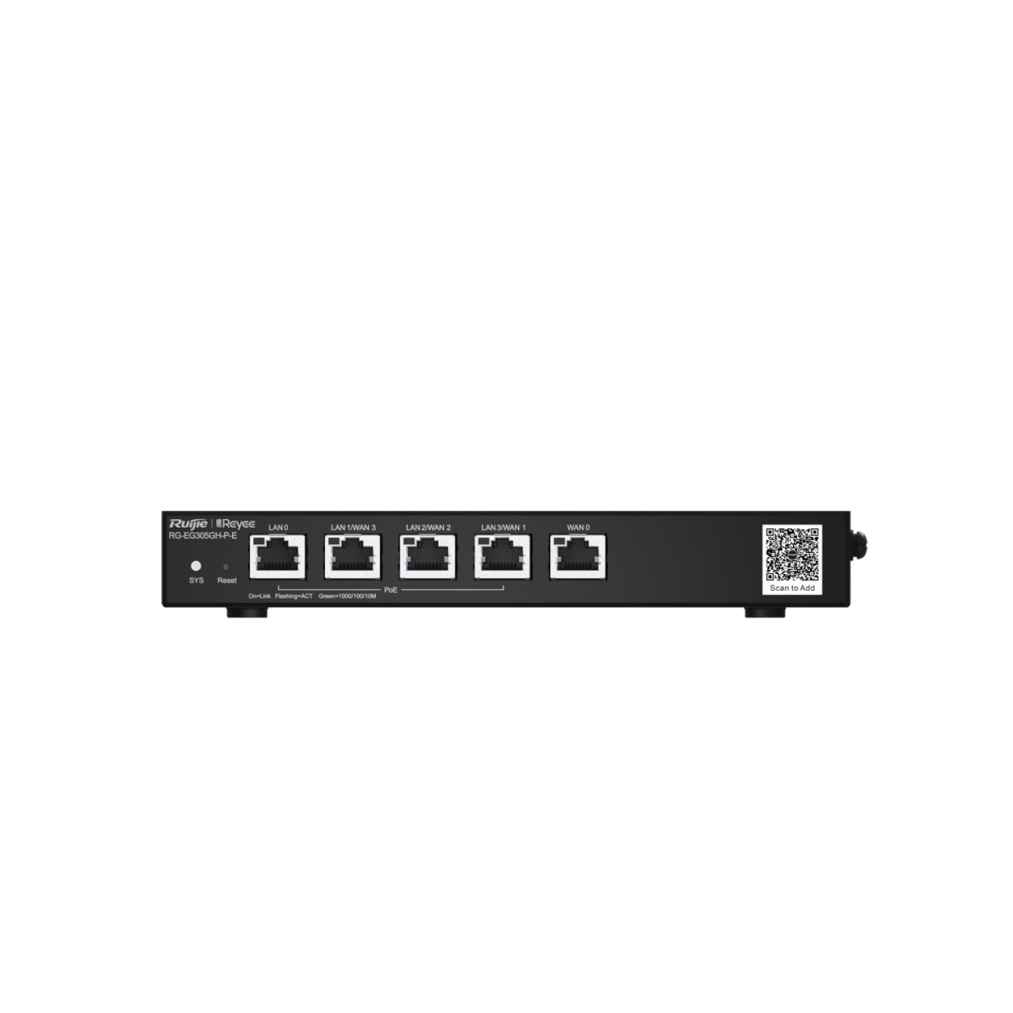 Маршрутизатор Ruijie Reyee Desktop 5-port full gigabit router, providing one WAN port, one LAN port, and three LAN/WAN ports; supporting four PoE/PoE+ interfaces and maximum 60 W PoE power; recommended concurrency of 300,