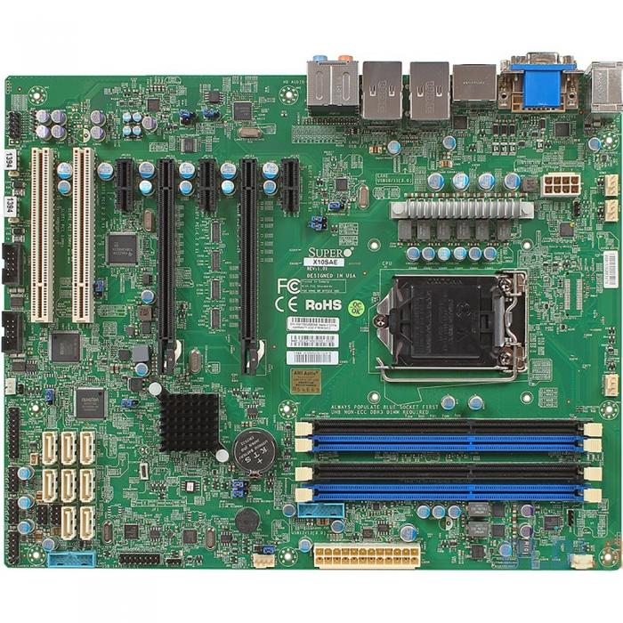 Материнская плата SuperMicro MBD-X10SAE-O, RTL {10} ATX LGA 1150 4x 240-pin DDR3 DIMM 6x SATA3 (6Gbps) ports via PCH 2x SATA3 (6Gbps) ports via ASM1061® 6x USB 3.0 ports 10x USB 2.0 ports 7.1 HD Jacks 2x PCI 5V 32-bit slots